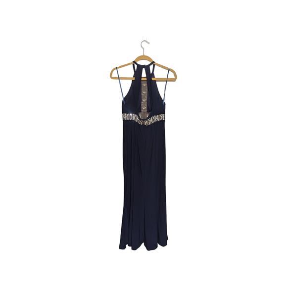 XSCAPE Crystal Embellished Halter Cut Out Dress Navy Blue Womens 8 Prom Formal - Picture 3 of 5